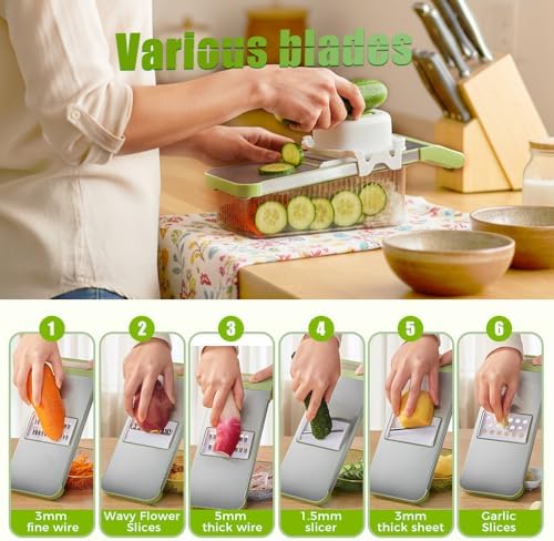 Multifunctional Vegetable Slicer, 6 in 1 Slicer Veggie Shredder with Safe Hand Guard, Multi Blade Adjustable Garlic Slicer, Easy-Clean & Compact Storage, Portable Kitchen Gadget (3 Blades Upgraded)