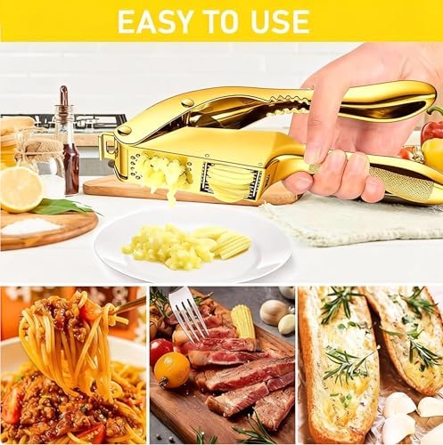 Garlic Press and Slicer 2 in 1, Rust Proof & Dishwasher Safe Professional Garlic Mincer Tool, Effortlessly Crush and Mince Garlic with this Ergonomic Handle-Garlic Slicer & Brush ANCQMI(Gold)