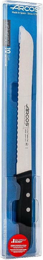 Arcos Bread Knife 10 Inch Nitrum Stainless Steel and 250 mm blade. Obtain a great variety of cuts for your food. Ideal knife for daily domestic use. Series Universal. Color Black.