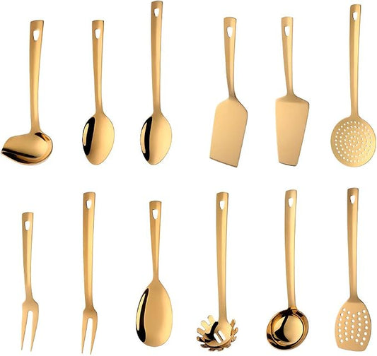12 Pcs Cooking Utensil Set, Stainless Steel Gold Titanium Plated Cookware Sets with Public Fork/Spoon, Cake Shovels, Spatula, Ladles, Solid Spoon, Slotted Spoon, Pasta Server, Kitchen Tool Gadget