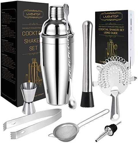 LIVEHITOP Cocktail Shaker Set, Stainless Steel Bartending Kit with 25 oz Martini Shaker, Jigger, Strainer, Mixing Spoon, Muddler, Recipe, Professional Bar Tools Gifts for Him Her