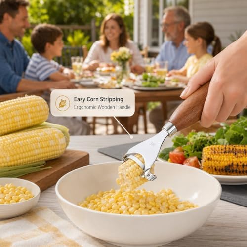 Phmnkl Corn Kernel Remover, 1-Second Stainless Steel Corn Stripper with Walnut Handle, Dishwasher Safe Kitchen Tool for Salad Salsa Popcorn, BBQ Prep Gadget, Farmhouse Kitchen Gift