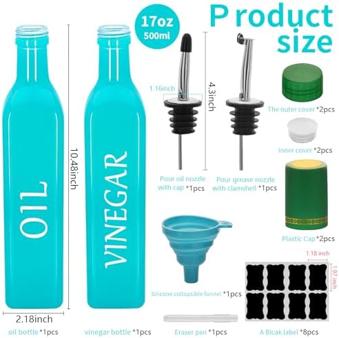 Olive Oil Dispenser Bottle,2 Pcs 17oz 500ml Glass O il and Vinegar Dispenser Set with 2 Stainless Steel Pourers, 8 Labels,Funnel Vinegar Bottles for Kitchen (Turquoise)
