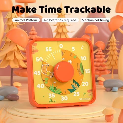 Secura 60-Minute Visual Countdown Timer, 7.5-Inch Oversize Classroom Visual Timer for Kids and Adults, Durable Mechanical Kitchen Timer Clock with Magnetic Backing (Animal & Orange)