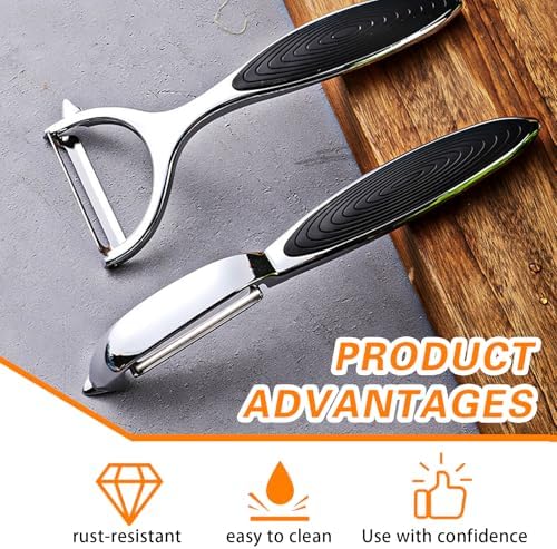Zinc Alloy Vegetable Peeler Set, 2-Pack Y-Type and Straight Peelers with Black Flat Blades & Non-Slip Handle, Multi-Purpose Kitchen Fruit Potato Carrot Peeler for Efficient Peeling