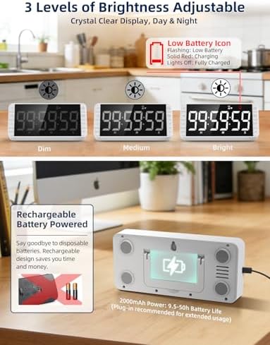 Large 7.8" Digital Timer with LED Display, Magnetic for Kitchen & Classroom
