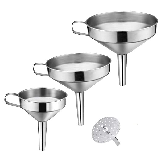 3 Pcs Stainless Steel Funnels Set with Handle Design and Removable Strainer for Transferring of Liquid, Fluid, Dry Ingredients, Powder, Durable and Dishwasher Safe