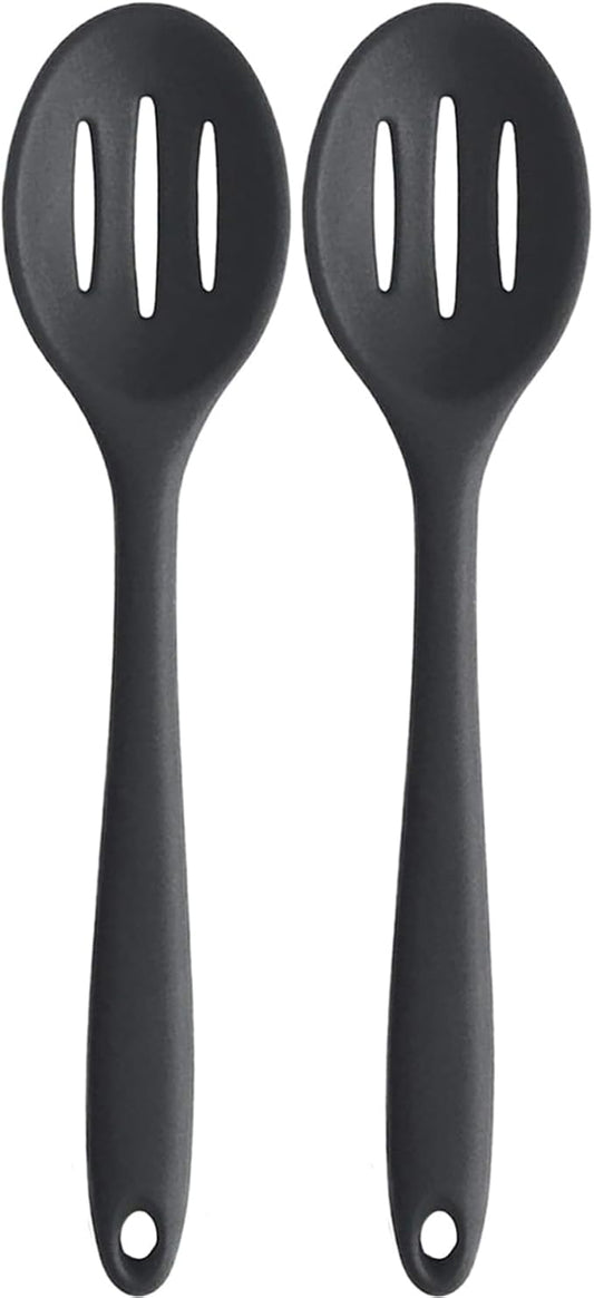 Linwnil 4 Pieces Silicone Slotted Spoons,10.6 Inch Nonstick Mixing Serving Spoons for Kitchen Cooking Bake Stir Draining Tool (2, Black)