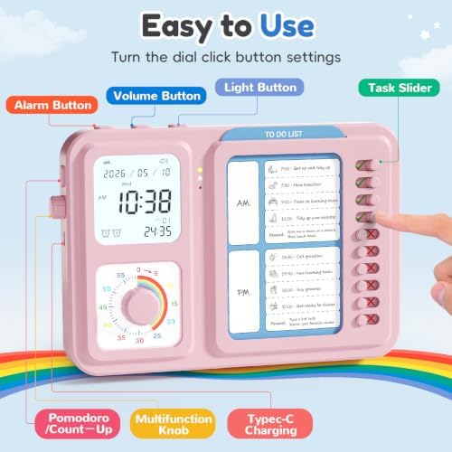 3-in-1 Visual Timer for Kids, Chore Chart for Kids, Visual Schedule（Pink）