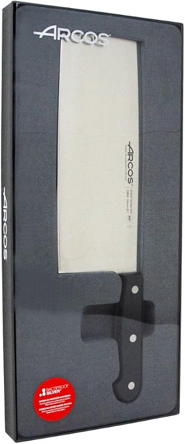 Arcos Cleaver Knife 8 Inch Nitrum Stainless Steel and 200 mm blade. 400 gr. Prolonged and heavy use. Ergonomic Polyoxymethylene POM Handle. Series Universal. Color Black