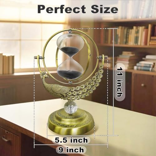 SuLiao Hourglass Sand Timer, 60 Minute Peacock Rotating Hour Glass, 60 Min Unique Black Sand Clock, Large 1 Hour Brass Sandglass, 1 hr Metal Decorative Reloj De Arena, Desk, Office, Home