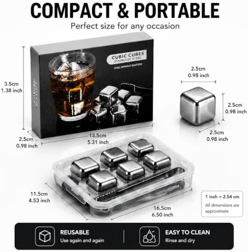 6 Pack Stainless Steel Whiskey Stones, Metal Ice Cubes Gift for Men