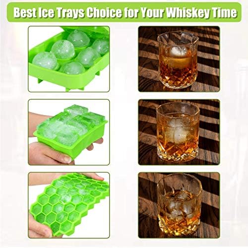 Ice Cube Tray,Silicone Ice Cube Molds for Freezer with Lid (Set of 4) - Sphere Ice Ball, Large Square, Diamond Cut & Hexagonal Shapes Ice Maker for Whiskey,Reusable and BPA Free