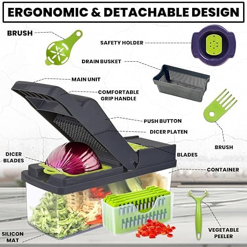 Vegetable Chopper 16 in 1- Multifunctional Food Chopper with 7 Blades- Mandoline Slicer, Dicer, Cutter, Peeler & Grater for Onion, Potato, Salad, Carrot, Garlic with Drain Basket & Container