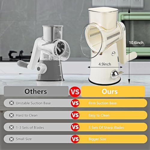 Rotary Cheese Grater with Handle: 5 in 1 Cheese Grater Hand Crank Cheese Shredder with Strong Suction Base Kitchen Vegetable Slicer with 5 Interchangeable Blades, Storage Box, White