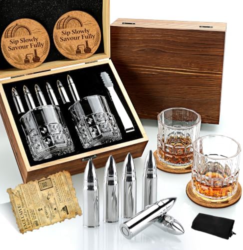 Whiskey Glasses Set with Stainless Steel Cooling Stones, for Men