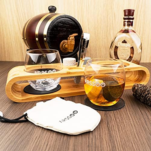 Whiskey Glass & Whiskey Stones Gift Set – 2 10Oz Scotch Bourbon Glasses, 4 Round Chilling Stones, 1 Ice Tong, 2 Coasters, Bamboo Stand & Velvet Bag – Unique Father's Day Birthday Gift for Men