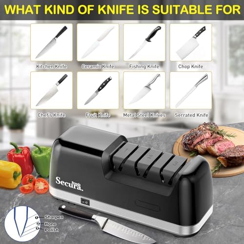 Secura 3-Stage Electric Knife Sharpener with Diamond Abrasives and Precision Angle Guides, Professional Sharpening Tool for Kitchen Straight Edge and Ceramic Knife, Black
