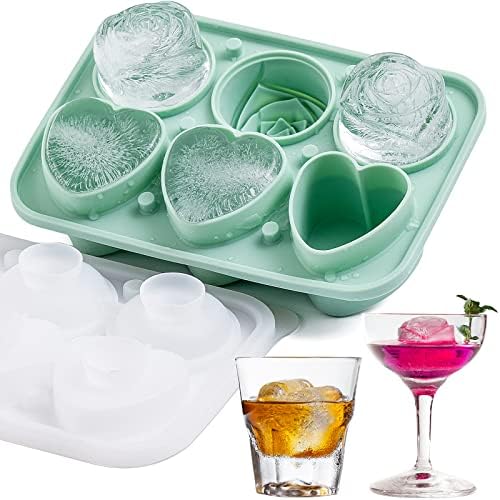 3 Rose & 3 Heart Shaped Ice Cube Tray, MEETRUE Silicone Ice Cube Tray with Clear Funnel-type Lid Novelty Rose Ice Cube Mold Ice Ball Maker Mold Ice Tray for Cocktails Whiskey Chilled Drinks,Green