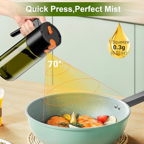 Oil Spray Bottle 500ml, 2-in-1 Spray & Pour Light-Blocking Glass, Refillable Olive Oil Dispenser for Kitchen, Air Fryer, Salad, and Barbecuing, with Brush（Black)