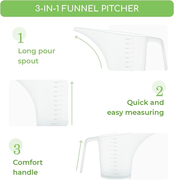 Funnel Pitcher for Soap Making, Large Capacity Easy Pour Container with Long Spout, Soap Making Supplies, Bakeware Mold, Candle, Microwave Safe, 4 Cups, 32 Ounces, 1000 ml - Set of 4
