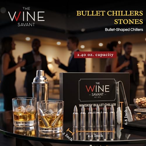 Bullet Whiskey Chillers Stones - Whiskey Rocks by The Wine Savant Set of 6 - Stainless Steel Bullet Shaped Ice Cubes, Gift Box Come, Tongs and Storage Bag, Whiskey or Scotch Rocks (Silver)