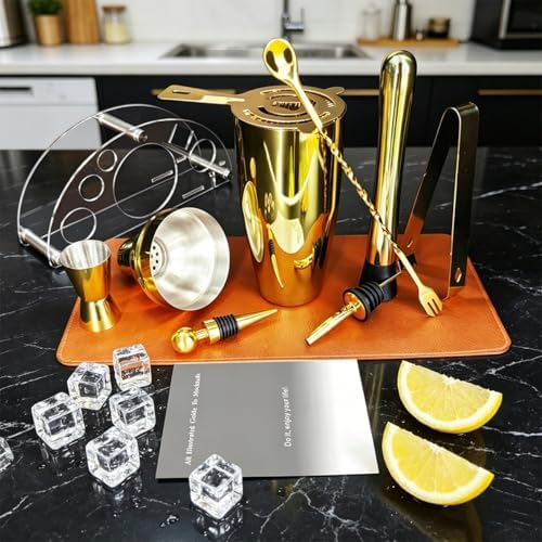 9-Piece Cocktail Shaker with Stand, 25oz Bartender Kit, Cocktail Shaker with Strainer Set, Bar Set Jigger for Bartending Drink Mixer Set, Cocktail Set Recipe (Gold)