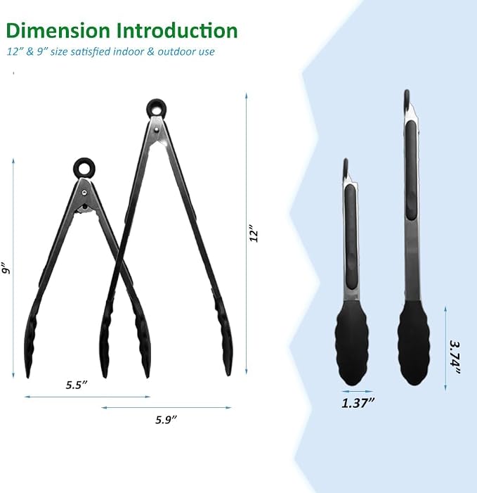 2 PCS Kitchen Silicone Tongs - 9” & 12” Premium Silicone Cooking Tongs, Nonslip Smart Locking & Easy Grip, Heat Resistant
