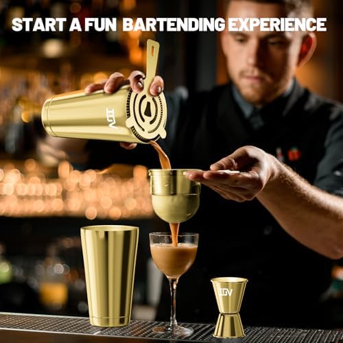 IOV Boston Cocktail Shaker Bar Set, Bartender Kit Drink Mixer Set with 18 oz & 28 oz Boston Shakers, Hawthorne Strainer, Double Jigger, Bar Tool Kit and Recipe Booklet - Gold