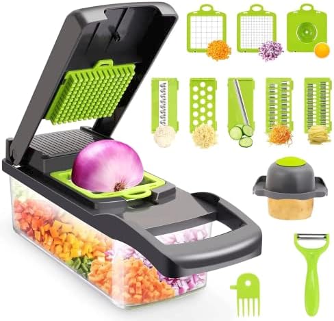 All-in-1 Vegetable Chopper, Onion Chopper, Mandoline Slicer & Cheese Grater and Veggie Dicer Grey & Green