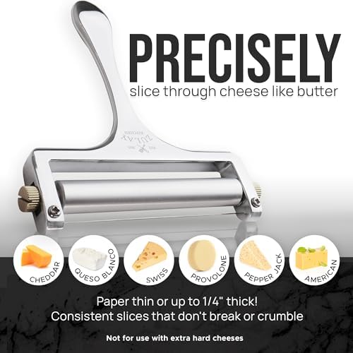 Zulay Kitchen Stainless Steel Wire Cheese Slicer - Adjustable Hand Held Cheese Cutter with 2 Extra Wires - Premium Cheese Knife for Mozzarella, Cheddar, Gruyere - Cheese Cutter with Wire (Silver)