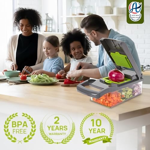 ALIF H&K 16-in-1 Vegetable Chopper & Mandoline Slicer, Heavy-Duty Food Chopper with 8 Stainless Steel Blades, Onion Dicer, Veggie Cutter, Drain Basket, Egg Separator & Storage Container