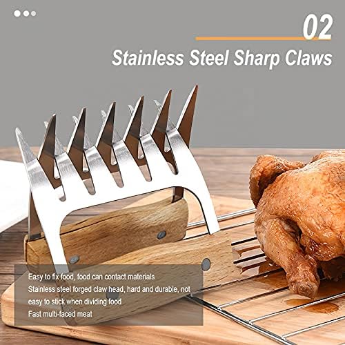 Metal Meat Claws Bear Claws Wooden Handle Stainless Steel Meat Forks Kitchen Gadgets for Shredding,Pulling,Turkey,Chicken, Stainless steel Silver