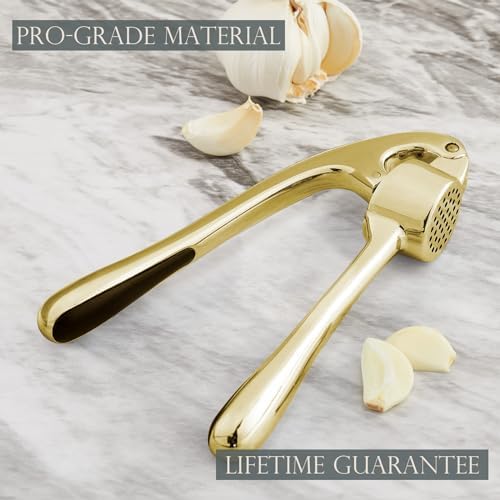 Kitessensu High Effective Premium Garlic Press Set, With Silicone Garlic Peeler & Brush, Heavy Duty Garlic Mincer, Easy to Squeeze and Clean, Rust Proof & Dishwasher Safe - Gold