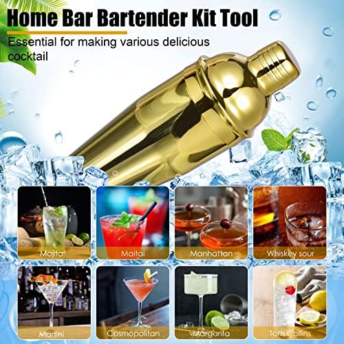 Bartender Kit with Stylish Bamboo Stand, 12 Piece 25oz Cocktail Shaker Set for Mixed Drink, Professional Stainless Steel Bar Tool Set, Gift for Man Dad- Cocktail Recipes Booklet (Gold)