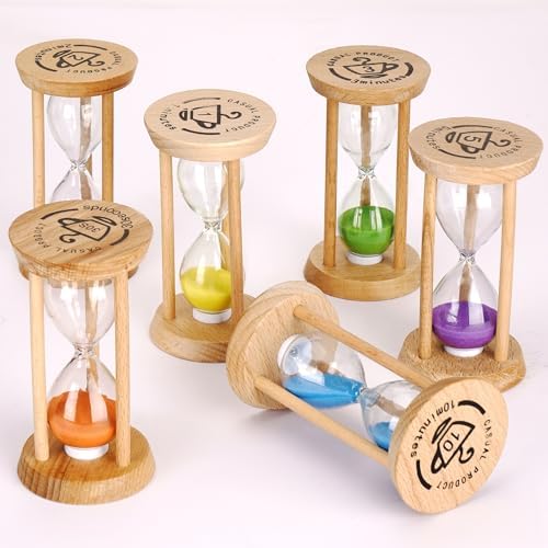 PROLOSO 6PCS Wood Frame Sand Timer Set 30sec/1/2/3/5/10mins Multicolor Hourglass Sandglass Clock Watch