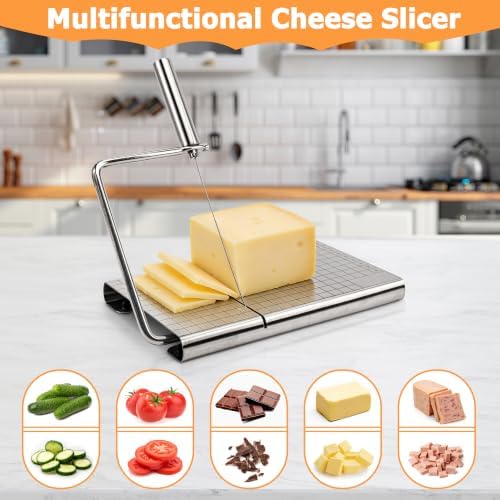 RedCall Cheese Slicer with 4 Piece Cheese Knives Set, Stainless Steel Cheese Cutter with Measuring Grids,Tightness Adjustable Wire Cheese Slicer for Block Cheese, with 5 Extra Wires