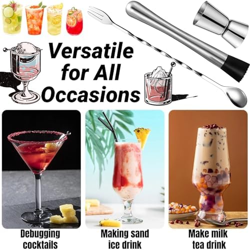 3-Piece Bar Set: Muddler for Cocktails, 8” Cocktail Muddler & Bar Accessories Kit with 10” Mixing Spoon and Jigger | Stainless Steel Bartender Tools for Mojitos Fruit Drinks