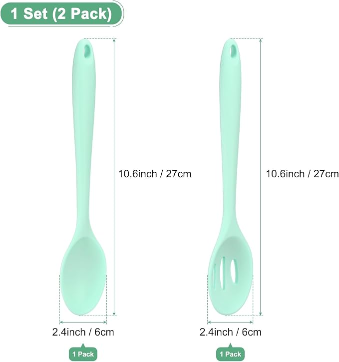 M METERXITY 2-Pack Silicone Spoons for Cooking, 10.6" Mixing Nonstick Slotted and Solid Serving Spoons Heat Resistant Utensils Spoons for Kitchen/Cooking/Baking/Stirring Mixing Tools [Green]