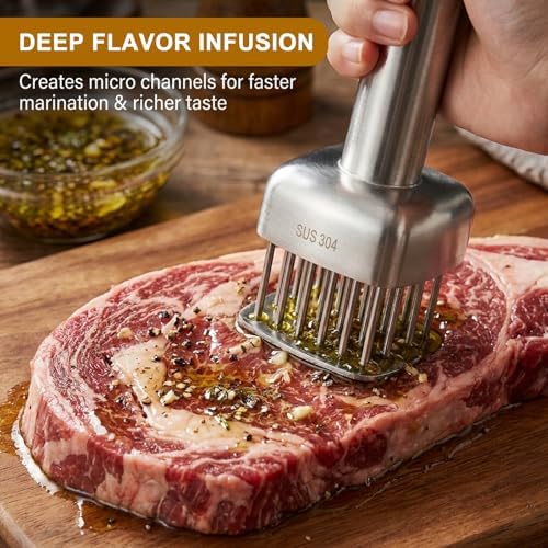 Meat Tenderizer Tool, 304 Stainless Steel with 24 Sharp Needles, Equipped with Safety Guard and Easy‑Grip Handle, Meat Needle Tenderizer for Beef, Chicken and Turkey, Dishwasher Safe