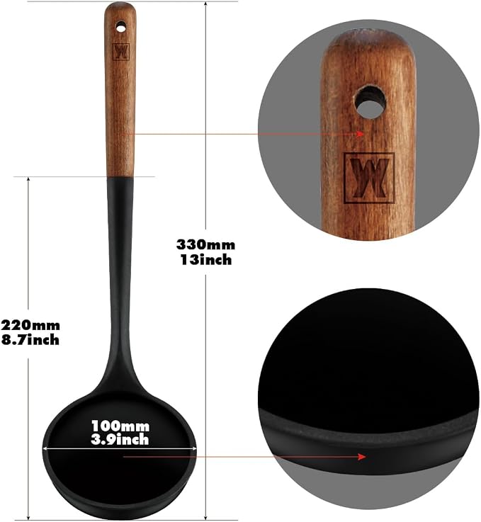 WAGENSTEIGER Set of 2pc Silicone Cooking Utensils: Wooden Handle Slotted Spatula + Cooking Ladle, Heat Resistant Cooking Utensil, BPA Free, Protects Surfaces with Gentle Head Design
