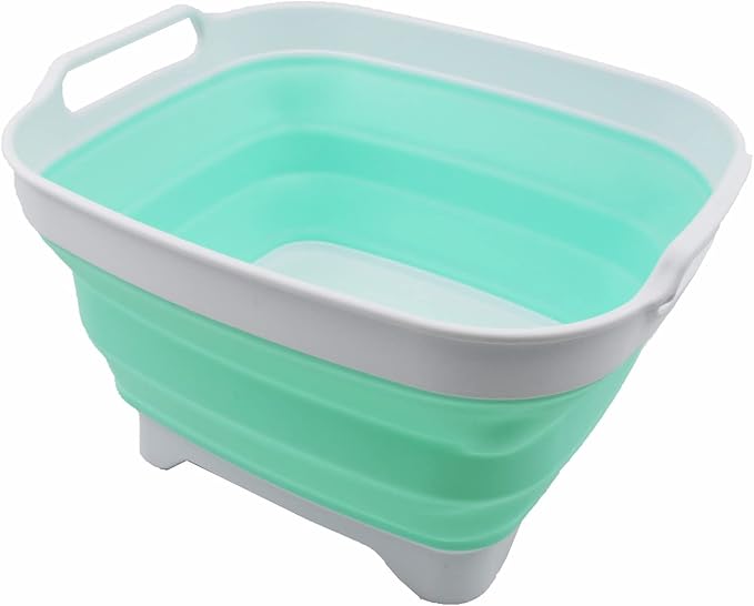 SAMMART 7.5L (2 Gallons) Collapsible Dishpan with Draining Plug - Foldable Washing Basin - Portable Dish Washing Tub - Space Saving Kitchen Storage Tray (White/Light Green, 1)