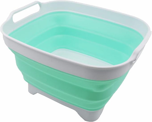 SAMMART 7.5L (2 Gallons) Collapsible Dishpan with Draining Plug - Foldable Washing Basin - Portable Dish Washing Tub - Space Saving Kitchen Storage Tray (White/Light Green, 1)