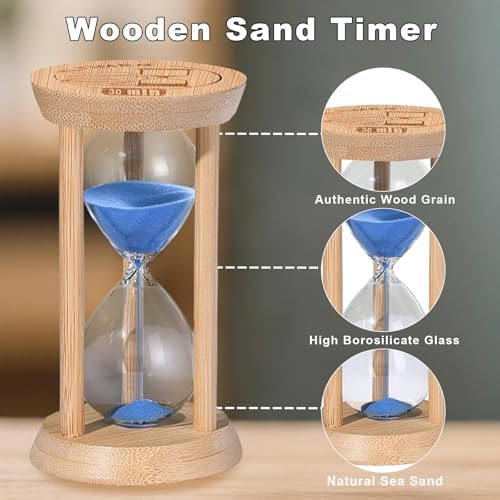 Wooden Sand Timers 2 Minute Hourglass,Stunning Glass Mini Blue Sand Clock for Productivity, Meditation & Decor, 2 Min Small Reloj De Arena for Kitchen, Office, Game, Classroom (Blue)