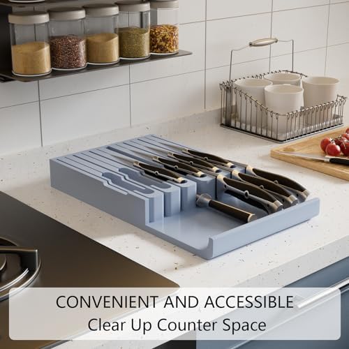 Domax Knife Drawer Organizer Insert Bamboo for 12 Knives, Gray