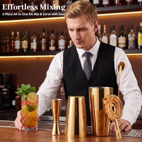 Boston Cocktail Shaker Set, 18 oz & 28 oz 2-Piece Tins, 304 Stainless Steel Bartender Kit 5-Piece Bar Tool Set with Recipe Book, Perfect for Novices & Pros, Home and Bar Use (Gold)