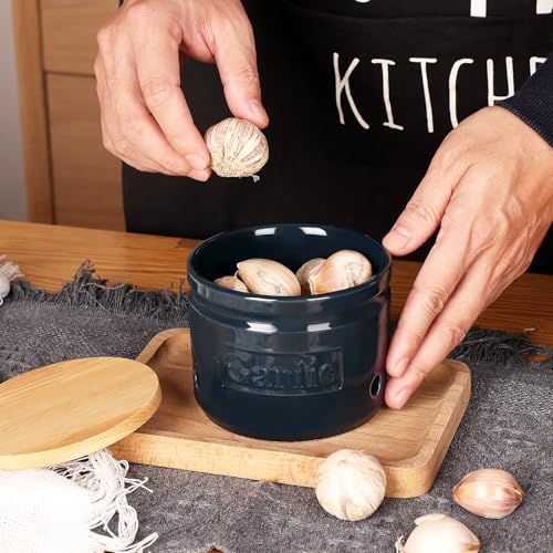 ONTUBE Ceramic Garlic Keeper with Wooden Lid 4-Inch,Garlic Holder (Navy)