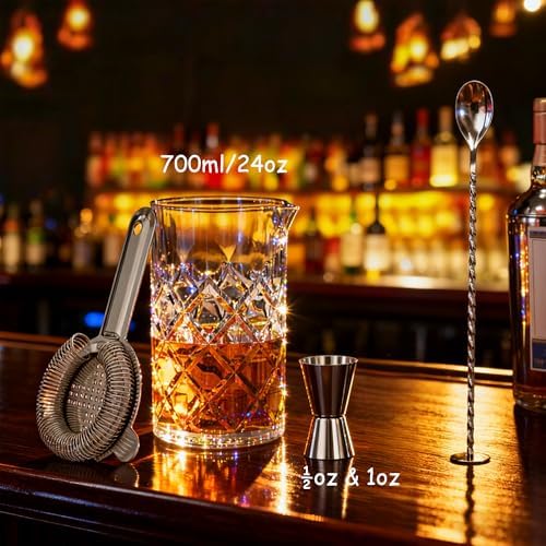 Professional 24 Oz Cocktail Mixing Glass Set - Thick Bottom Crystal Clear Bar Tools with Strainer, Jigger (15/30ml), Spoon & Recipe Guide