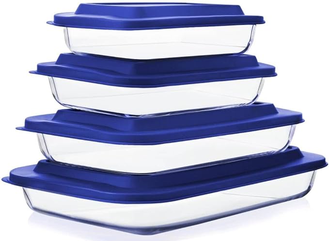M MCIRCO 8 Piece Deep Glass Baking Dish with Lids, BPA free, Navy Blue | Rectangular Glass Bakeware Set, Baking Pans for Lasagna, Casserole Dishes, Microwave, Oven, Freezer, Dishwasher