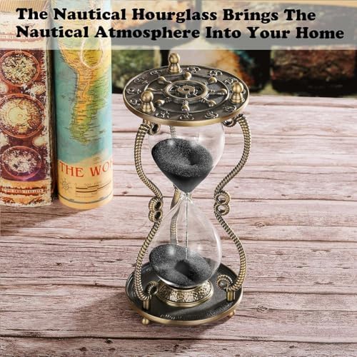 CNCJ Nautical Brass Sand Timer 60 Minute Hourglass:Antique Metal Rudder Sand Clock, Black Sand Watch 60 Min, Vintage Reloj De Arean, Small Hour Glass Sandglass for Gifts, Office, Desk Decor